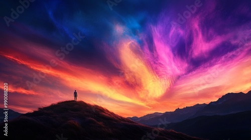 A solitary figure stands atop a mountain, witnessing the breathtaking beauty of a surreal sunset with vibrant, colorful clouds, symbolizing hope, dreams, wonder, transformation, and the vastness of th photo