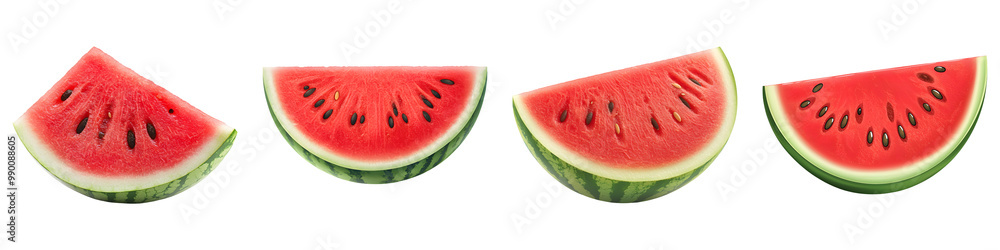 Four slices of juicy watermelon displayed side by side, showcasing vibrant red flesh and green rind against a black background. Four slices of juicy watermelon displayed side by side, showcasing vibrant red flesh and green rind against a black background.