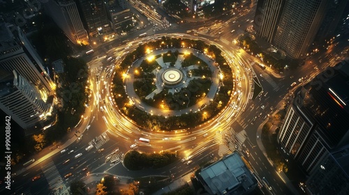 Aerial view roundabout city night circular shape surrounded This image captures