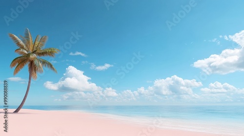 A solitary palm tree stands tall on a pristine beach with pink sand, bathed in the warm glow of a sunny day. The azure sky above is dotted with fluffy white clouds, creating a picture of idyllic relax photo