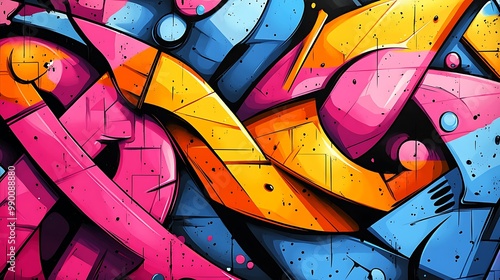 A mosaic of abstract graffiti shapes, bright neon colors layered with bold black lines, chaotic and expressive street art, dynamic composition with jagged shapes and fluid forms,