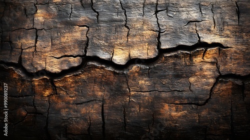 Close-up of charred wood with deep cracks, revealing glowing orange embers underneath. The dark, textured surface contrasts with the warm light, creating a dramatic and intense atmosphere.