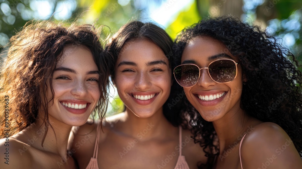Young women smiling brightly in a sunny outdoor setting. Young women smiling brightly in a sunny outdoor setting.