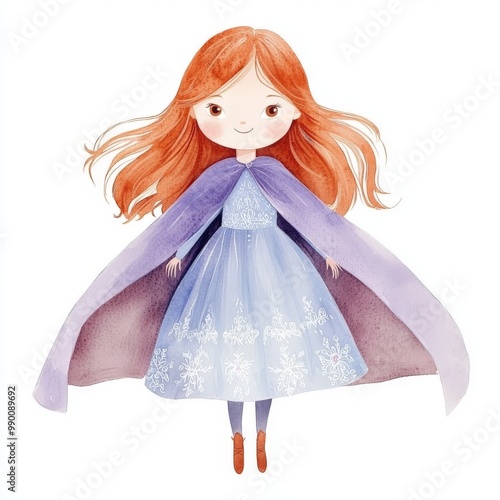 cute littel princess in a purple dress - nursery watercolor drawing on white background