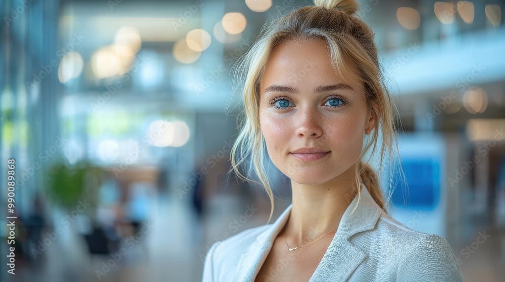 Portrait of a Young Woman in a White Blazer with Blonde Hair and Blue Eyes Portrait of a Young Woman in a White Blazer with Blonde Hair and Blue Eyes