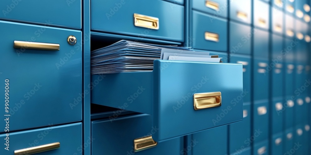 Close-up blue filing cabinet multiple drawers are metal file cabinets Close-up blue filing cabinet multiple drawers are metal file cabinets