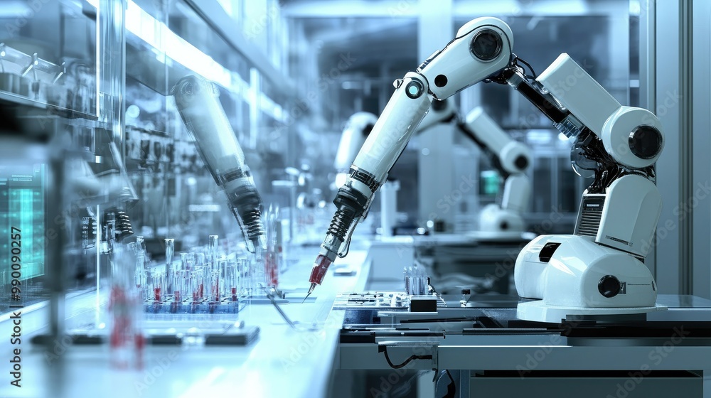 Robotic systems in a lab analyzing patient samples, emphasizing technological advancements in medicine. Robotic systems in a lab analyzing patient samples, emphasizing technological advancements in medicine.