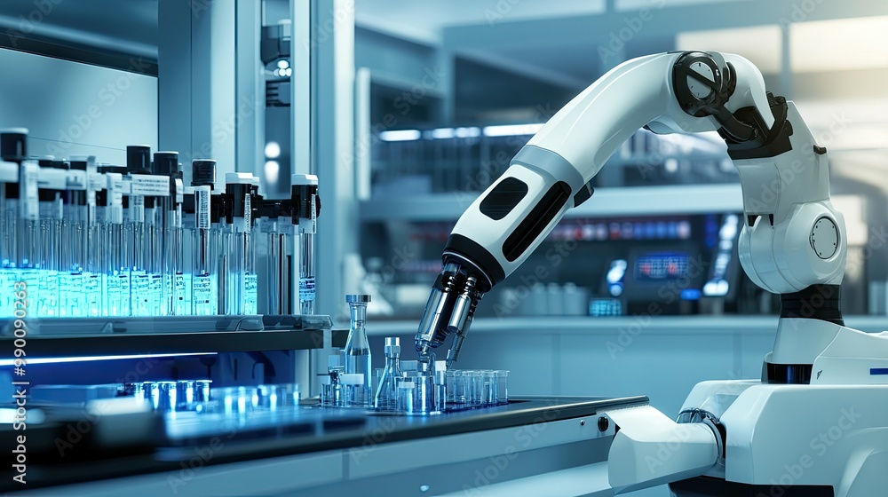 Robotic systems in a lab analyzing patient samples, emphasizing technological advancements in medicine. Robotic systems in a lab analyzing patient samples, emphasizing technological advancements in medicine.