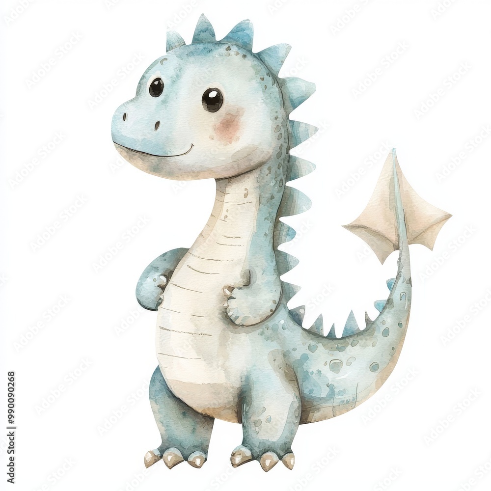 Naklejka premium cute little blue dragon - nursery watercolor drawing on white background