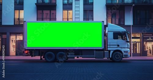 Blank delivery truck on urban street at dusk