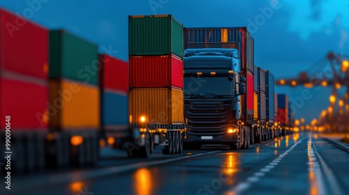 A line of trucks hauling colorful shipping containers on a wet road at dusk, with glowing streetlights and a port crane in the background.