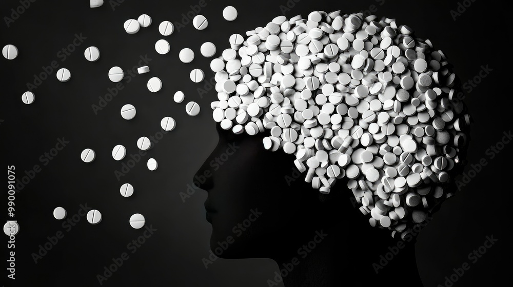 Silhouette of a head filled with scattered pills, illustrating the intersection of mental health and medication Silhouette of a head filled with scattered pills, illustrating the intersection of mental health and medication