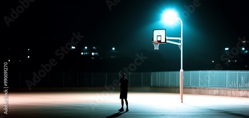 Solo basketball player practicing alone at night, deep in concentration under streetlight, representing dedication