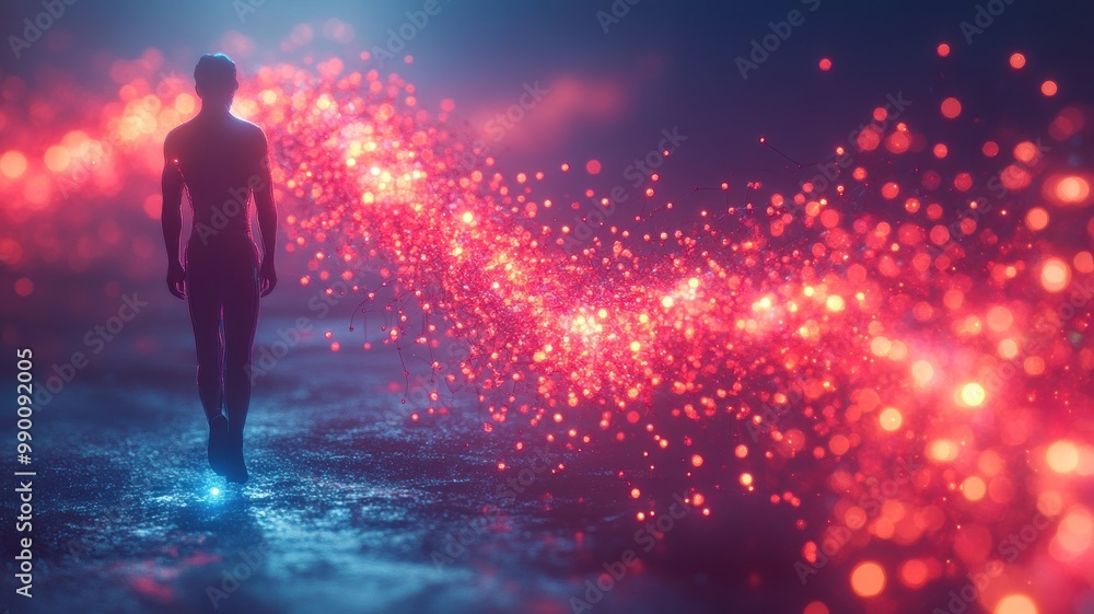 A figure walking through a surreal, glowing landscape of particles. A figure walking through a surreal, glowing landscape of particles.