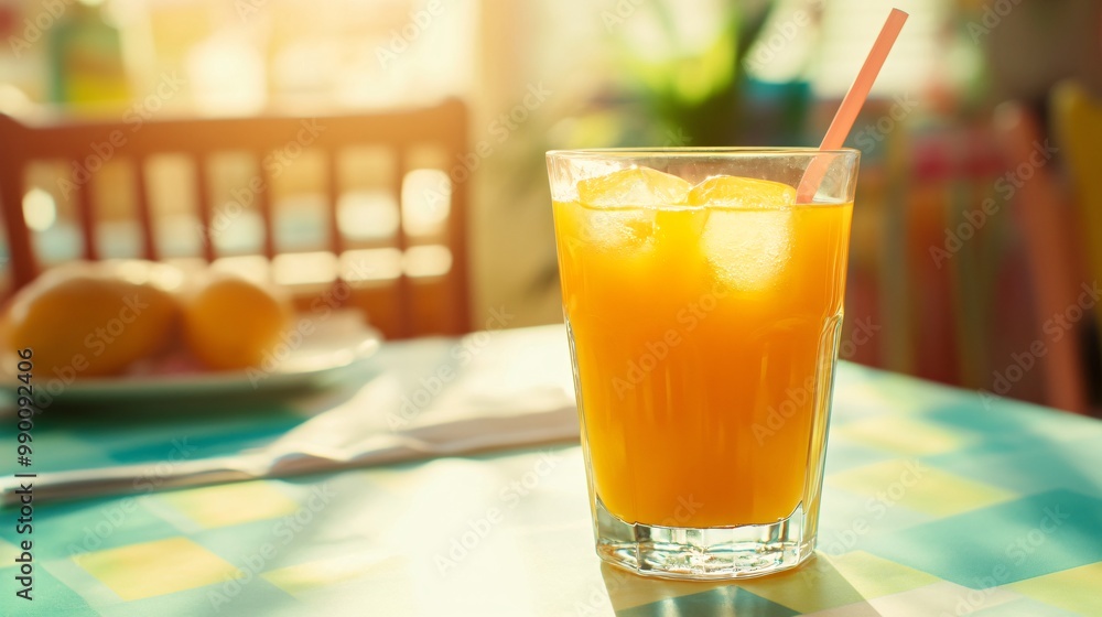 Glass of orange juice with ice cubes and a straw on a checkered table. Glass of orange juice with ice cubes and a straw on a checkered table.