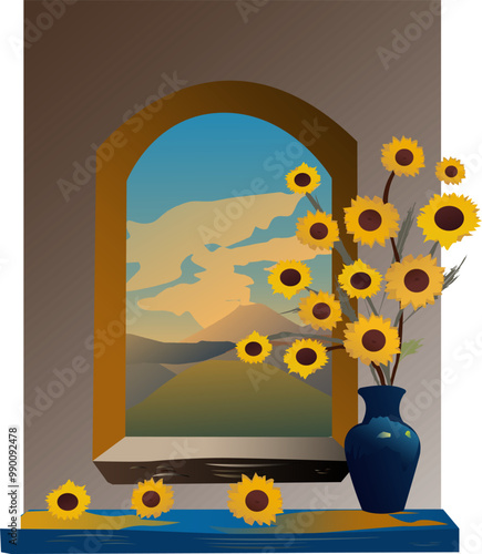 Illustration of sunflower pot decoration on the window sill, beautiful view window