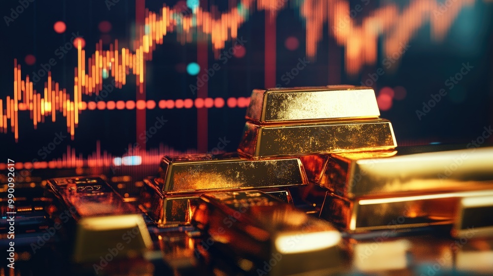 Stacked gold bars with a fluctuating stock graph in the background, symbolizing financial markets. Stacked gold bars with a fluctuating stock graph in the background, symbolizing financial markets.