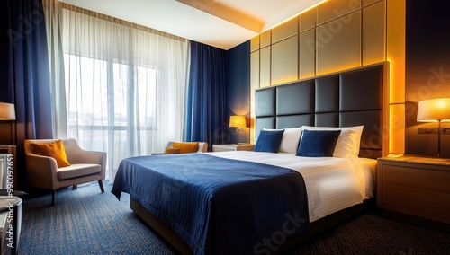 A modern hotel room with navy blue and white colors, contemporary furniture, a large bed, a window, curtains, a dark wood floor, and golden lighting. Created with Ai