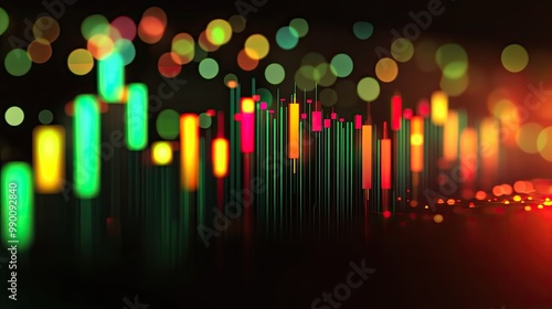 Stock market trading graph with green and red candlesticks on a dark background. Graphical representation of market trends and volatility.
