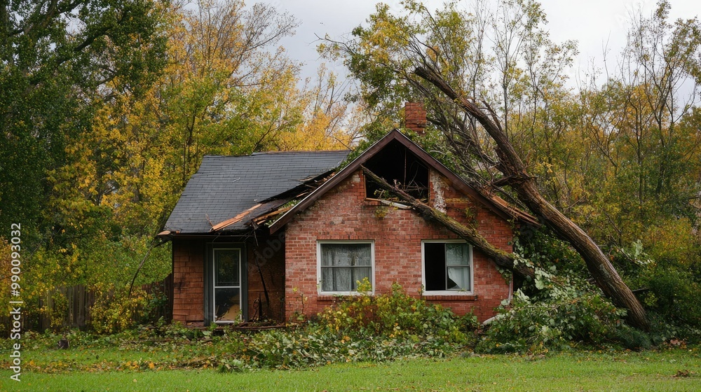 Storm-damaged home with a tree fallen on the roof, showing the importance of insurance for natural disasters Storm-damaged home with a tree fallen on the roof, showing the importance of insurance for natural disasters