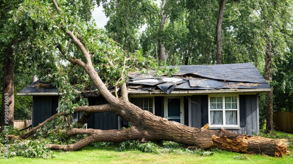 Storm-damaged home with a tree fallen on the roof, showing the importance of insurance for natural disasters Storm-damaged home with a tree fallen on the roof, showing the importance of insurance for natural disasters