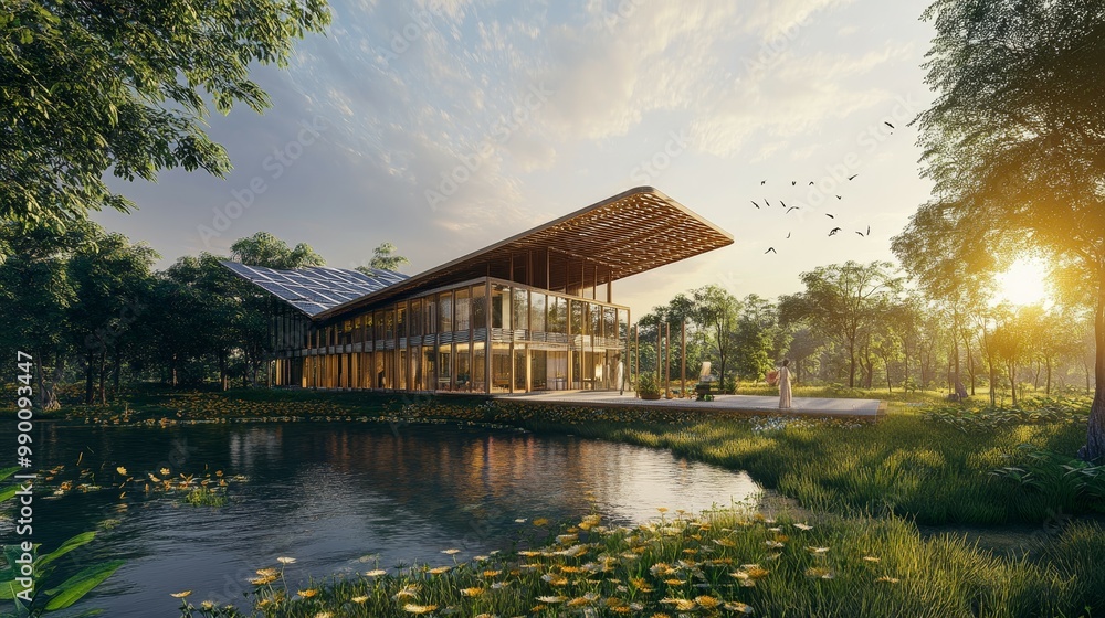 Fototapeta premium Modern Sustainable Architecture with Solar Energy and Rainwater Harvesting Systems for Eco-Friendly Living