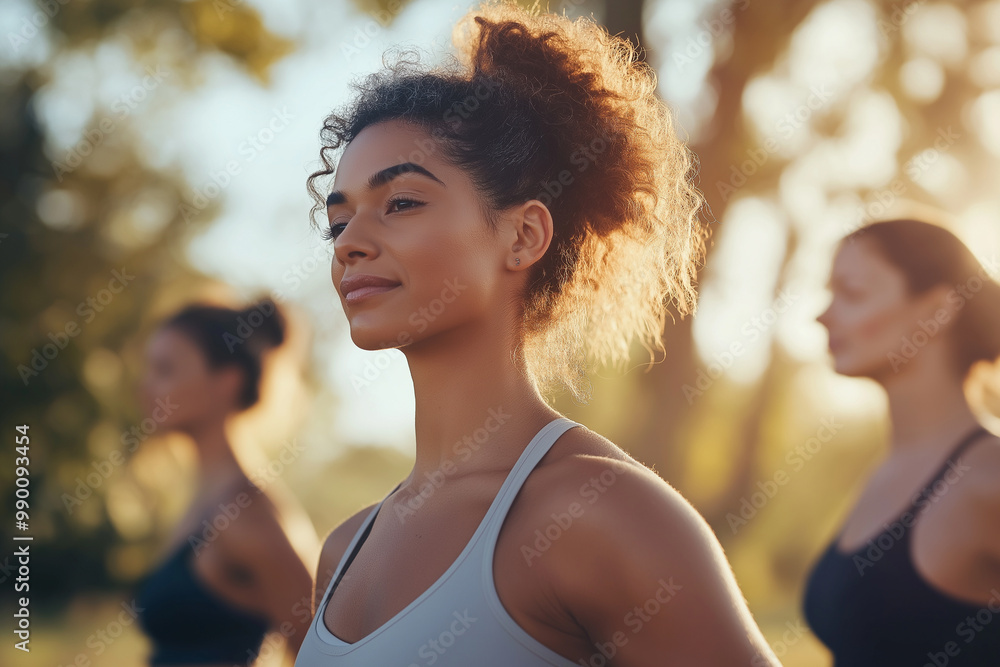 Women doing outdoor Pilates in the morning sunlight. Women doing outdoor Pilates in the morning sunlight.