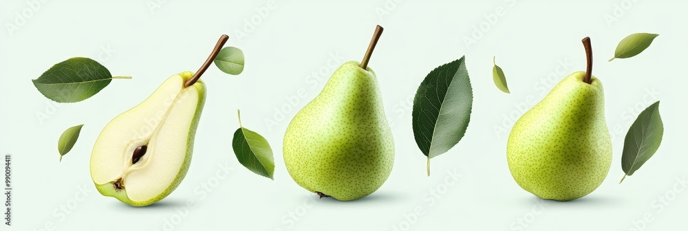 A vibrant and refreshing seamless background featuring whole and sliced green pears with lush leaves, perfect for adding a touch of nature to any design project. A vibrant and refreshing seamless background featuring whole and sliced green pears with lush leaves, perfect for adding a touch of nature to any design project.