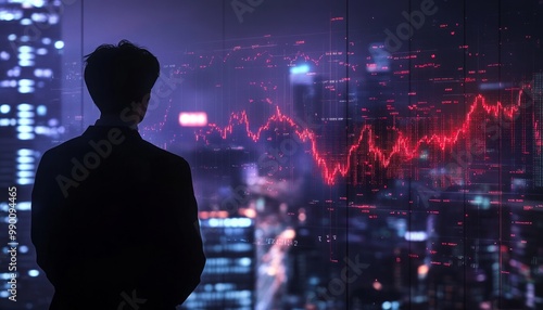 Business Professional Observing Stock Market Trends with Cityscape Backdrop