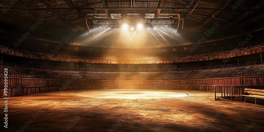 Empty arena high ceiling rows seats appears to A spotlight illuminates Empty arena high ceiling rows seats appears to A spotlight illuminates