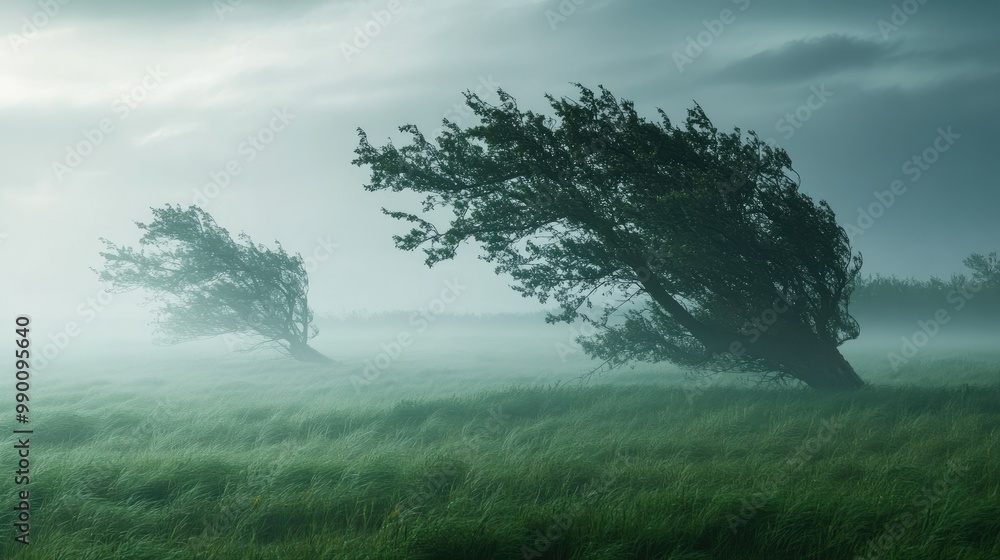 Trees swaying under strong winds in a misty field, illustrating their flexibility and endurance. Trees swaying under strong winds in a misty field, illustrating their flexibility and endurance.