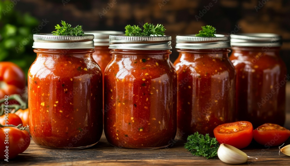 Four glass jars tomato sauce wooden table are mason filled Four glass jars tomato sauce wooden table are mason filled