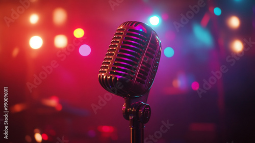 A vintage microphone stands surrounded by lush green foliage in a cozy performance space