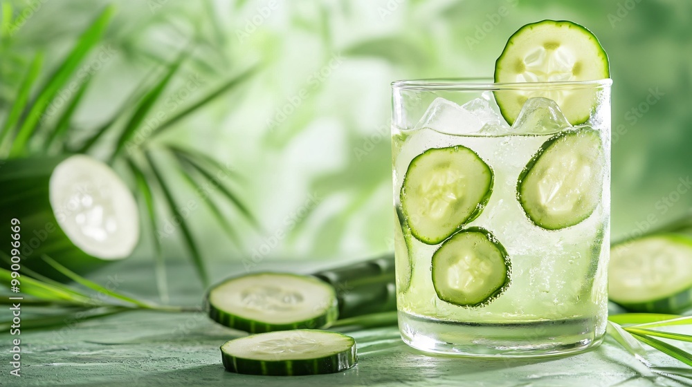 Glass of refreshing cucumber water with ice and cucumber slices. Glass of refreshing cucumber water with ice and cucumber slices.