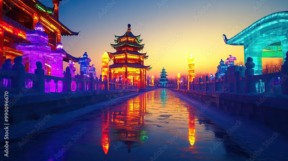 Φωτογραφία Vibrant, glowing ice pagodas and bridges at the Harbin Ice Festival, casting colorful reflections on the snow