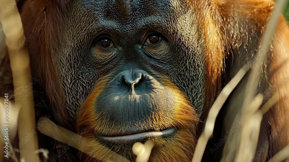 An orangutan looks directly at the camera through a tangle of branches