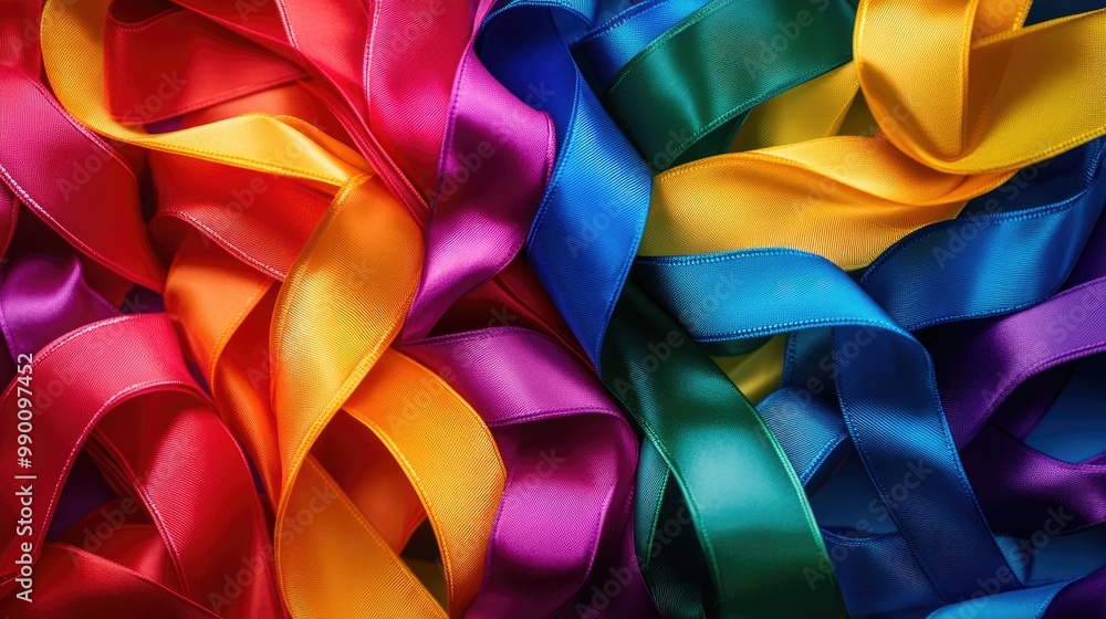Vibrant rainbow-colored ribbons arranged in a flag shape, symbolizing LGBTQ pride and the beauty of diversity. Vibrant rainbow-colored ribbons arranged in a flag shape, symbolizing LGBTQ pride and the beauty of diversity.