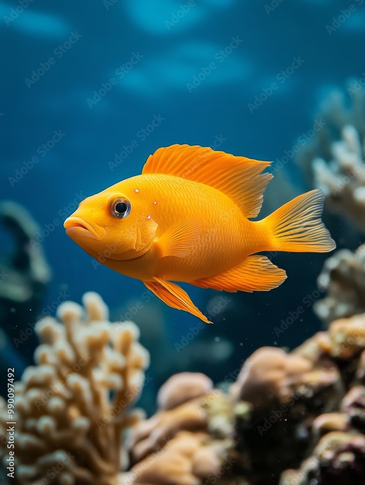 A vibrant orange fish swims gracefully through a colorful coral reef, showcasing the beauty and diversity of underwater life. This image symbolizes freedom, exploration, beauty, and the interconnected A vibrant orange fish swims gracefully through a colorful coral reef, showcasing the beauty and diversity of underwater life. This image symbolizes freedom, exploration, beauty, and the interconnected