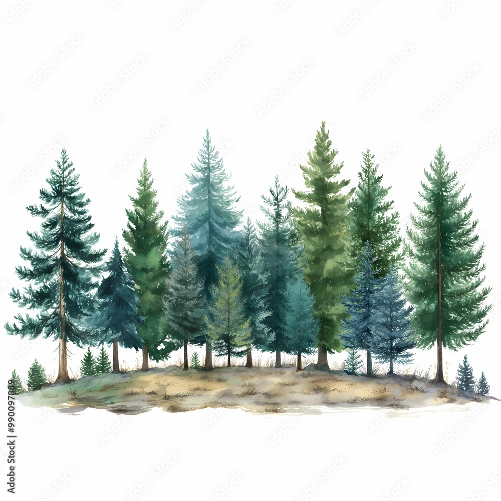 Fototapeta premium Green Pine Fir Trees, Isolated on White Background