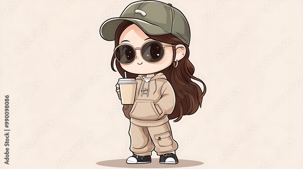 Cute Cartoon Illustration of a Girl with Sunglasses and a Cup of Coffee Cute Cartoon Illustration of a Girl with Sunglasses and a Cup of Coffee