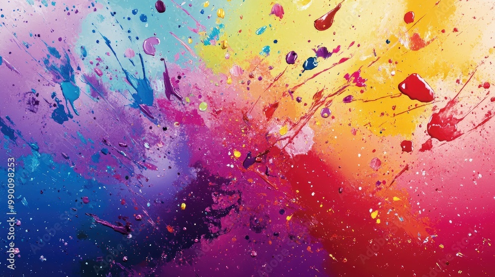 Vivid abstract art with rainbow-colored paint splatters over a smooth gradient background, creating a vibrant aesthetic. Vivid abstract art with rainbow-colored paint splatters over a smooth gradient background, creating a vibrant aesthetic.