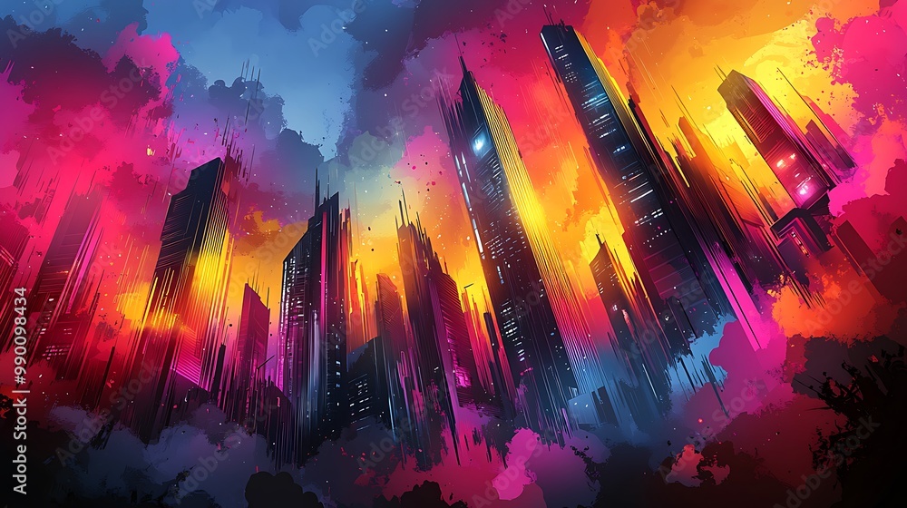 Abstract urban dreamscape, fluid shapes and sharp lines in glowing neon tones, blending into a misty surreal city, dynamic movement of bright colors, Abstract urban dreamscape, fluid shapes and sharp lines in glowing neon tones, blending into a misty surreal city, dynamic movement of bright colors,