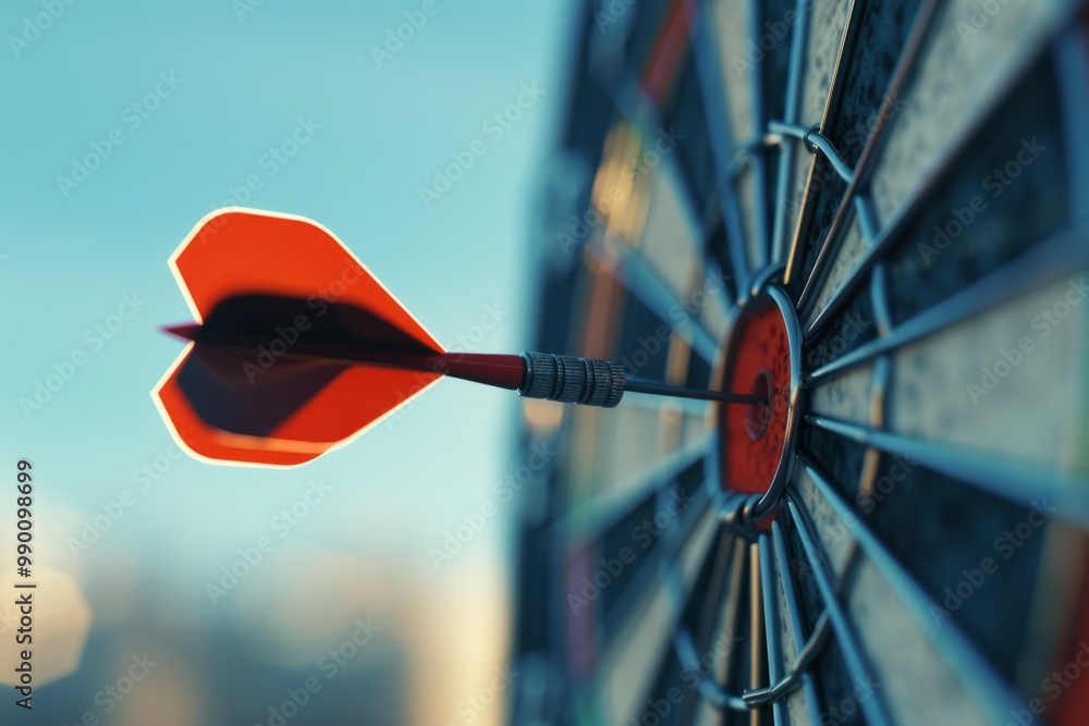 A close-up of a dart hitting the bullseye gives a sense of precision and focus. Ideal for concepts of target achievement and competition. Captivating sports style. Generative AI A close-up of a dart hitting the bullseye gives a sense of precision and focus. Ideal for concepts of target achievement and competition. Captivating sports style. Generative AI