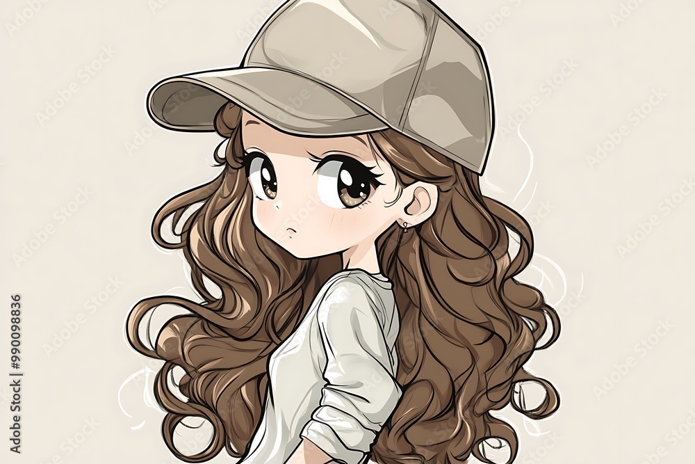 Cute Anime Girl with Brown Hair and Cap Illustration Cute Anime Girl with Brown Hair and Cap Illustration