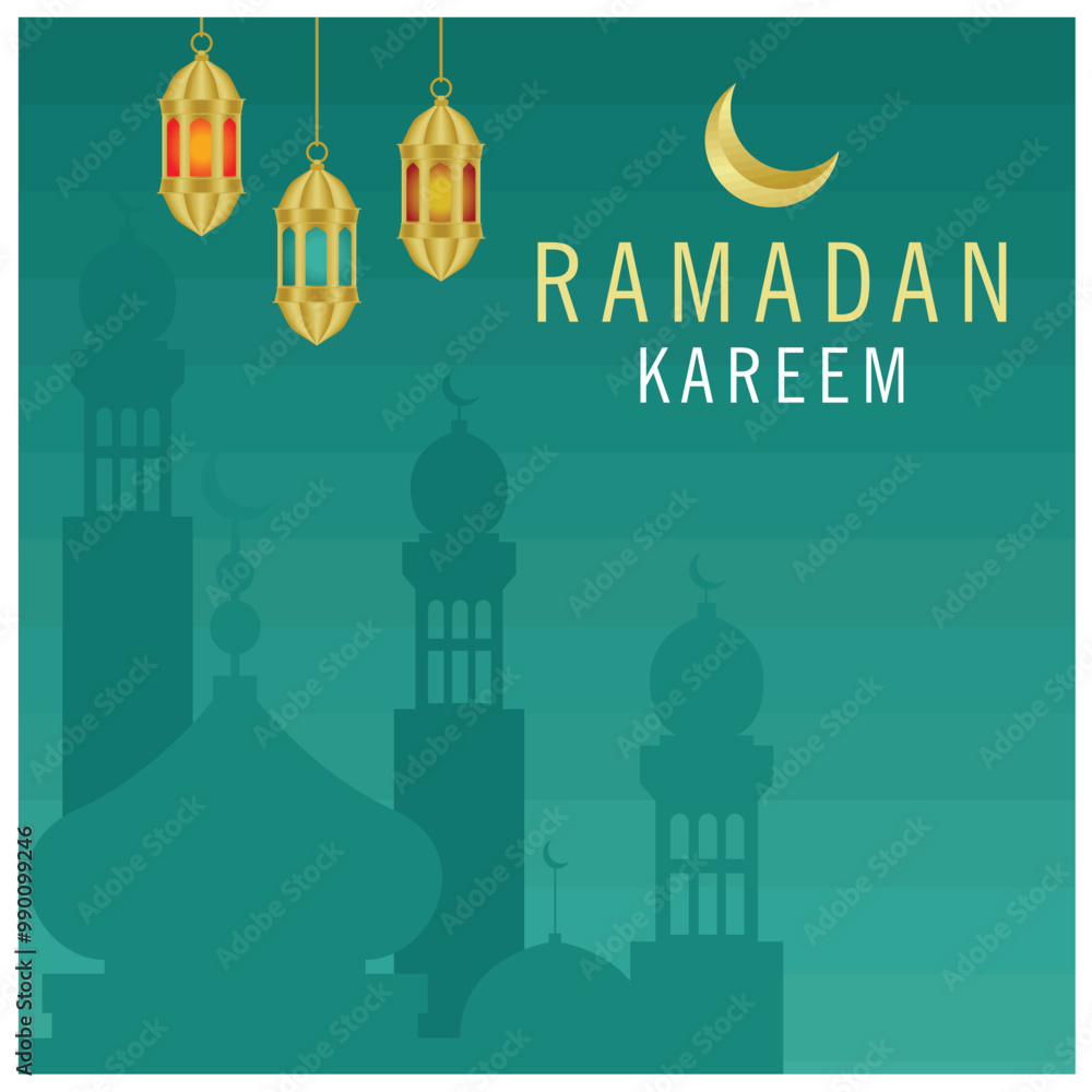 Ramadan Kareem with hanging lanterns and crescent moon. Silhouette of the mosque in cool turquoise. Ramadan concept. Flat vector illustration. Ramadan Kareem with hanging lanterns and crescent moon. Silhouette of the mosque in cool turquoise. Ramadan concept. Flat vector illustration.
