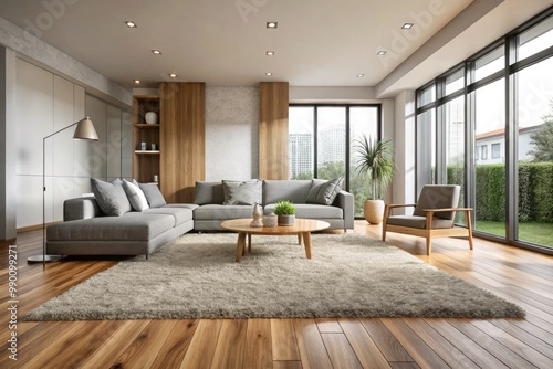 A minimalist living room with wooden floors  sofas  and monochrome carpets adds warmth and luxury. Light brown or gray wooden floors create a rustic feel  while soft carpets and natural light enhance 