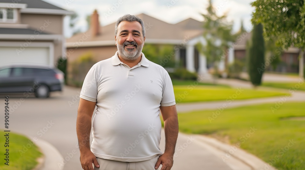 MiddleAged Middle Eastern Man Standing Outdoors in a Residential Neighborhood for Stock Photography