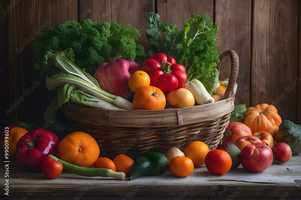 Design a high-detail image of vibrant vegetables arranged artistically on a wooden table Design a high-detail image of vibrant vegetables arranged artistically on a wooden table