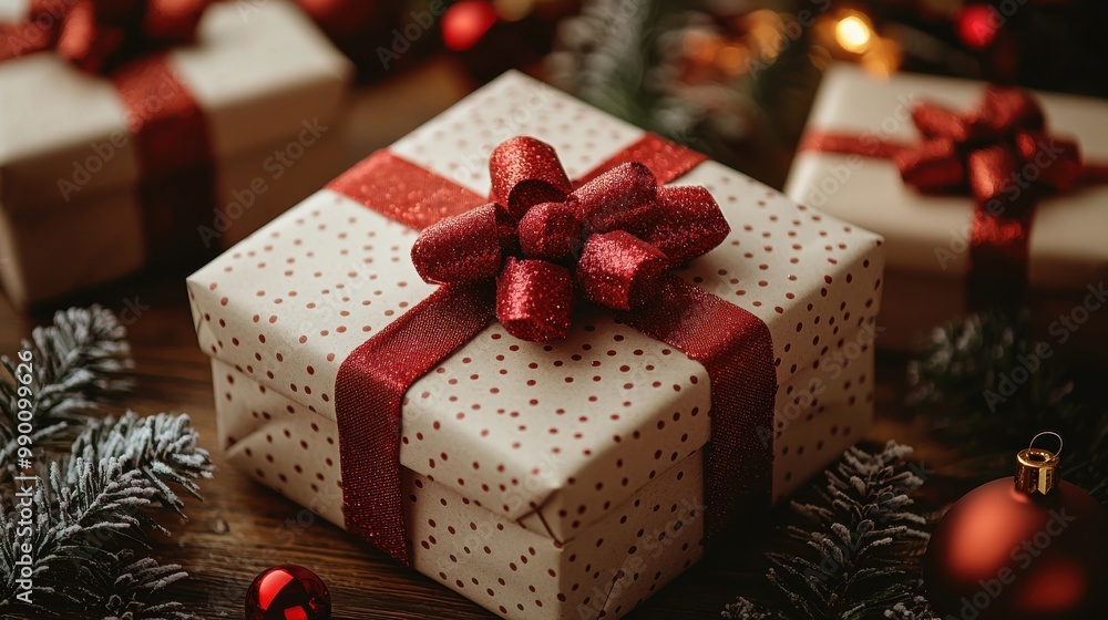 Festively wrapped gifts with red ribbons and polka dots surrounded by holiday decorations in a cozy setting Festively wrapped gifts with red ribbons and polka dots surrounded by holiday decorations in a cozy setting
