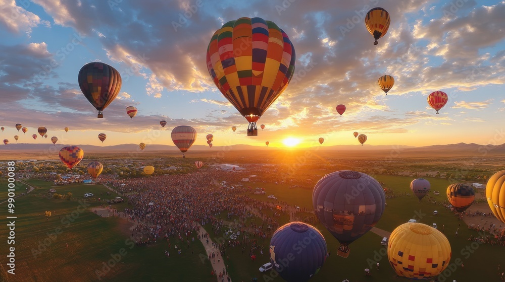 Fototapeta premium Wide-angle shot of balloonists preparing for the Mass Ascension at dawn at the Albuquerque International Balloon Fiesta.